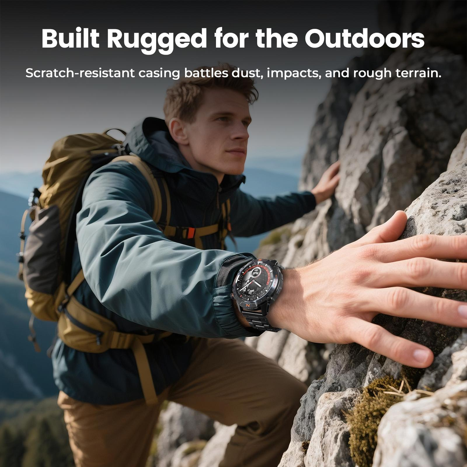 Man climbing with WalkerFit M6 Ultra. Built rugged for outdoor adventures and fitness