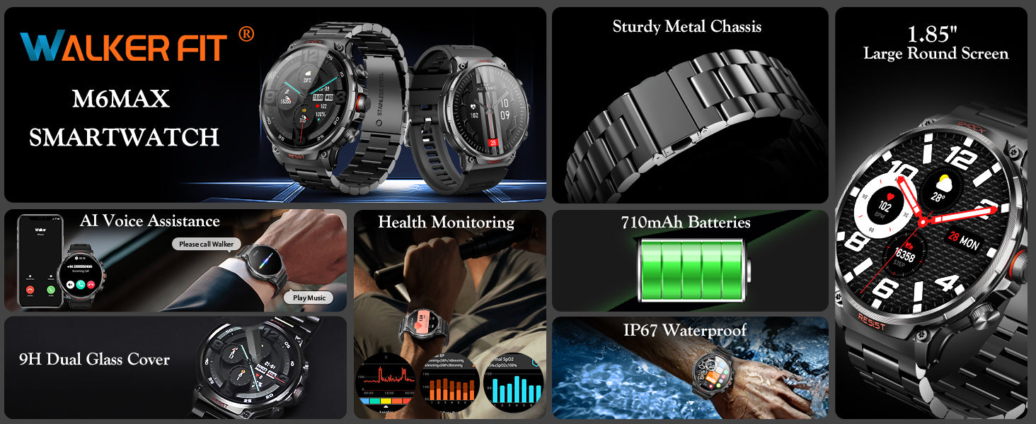 WalkerFit Smart Watch M6 MAX for Men, 1.85''Ultra-HD Display 710 MAH